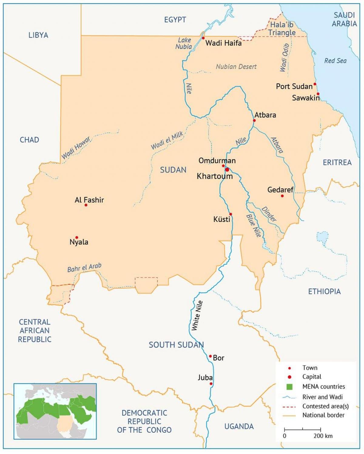 Kaart van Soedan rivier